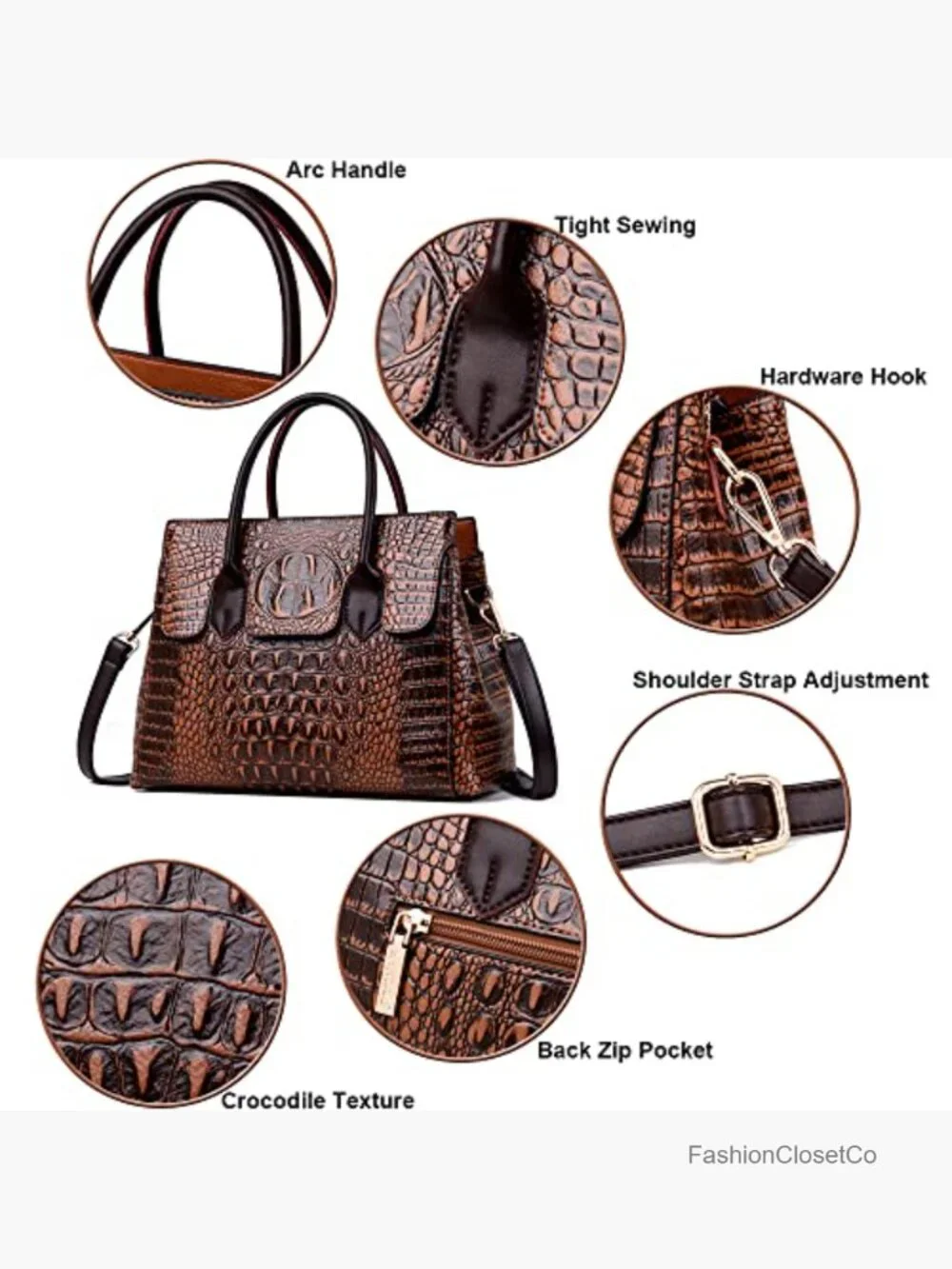 Faux Leather Embossed Crocodile Pattern Satchel Handbag with Detachable Strap
